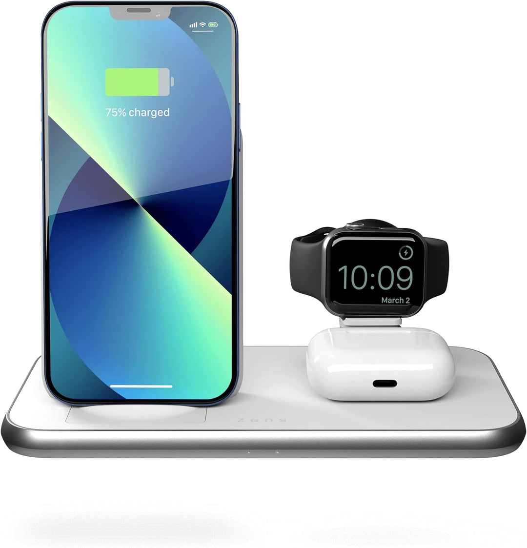 ZENS Stand+Watch 2x10W Aluminium 4in1 kabelloses Ladegerät (Apple & Samsung Fast Charging, Qi/MFi-Ze