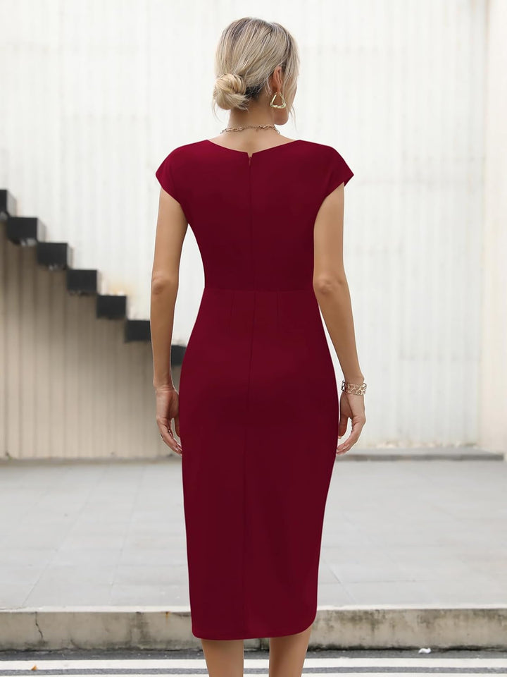 Missufe Damen Cocktailkleid Wickelkleid Partykleid Midikleid Elegant Bodycon Figurbetontes Sommerkle