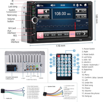 NHOPEEW 7 " EQ Autoradio Doppel Din mit Mirror Link, Multimedia MP5 Player Bluetooth Freisprecheinri