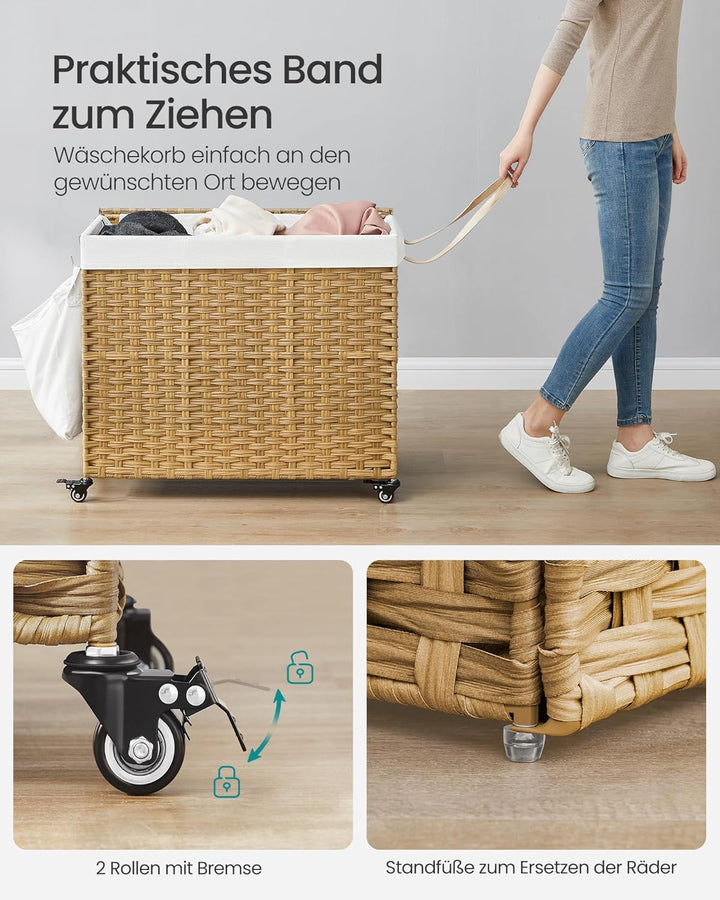 SONGMICS Wäschekorb mit Deckel, 160 L, Wäschesammler 3 Fächer, Wäschesortierer mit Rollen, in Rattan