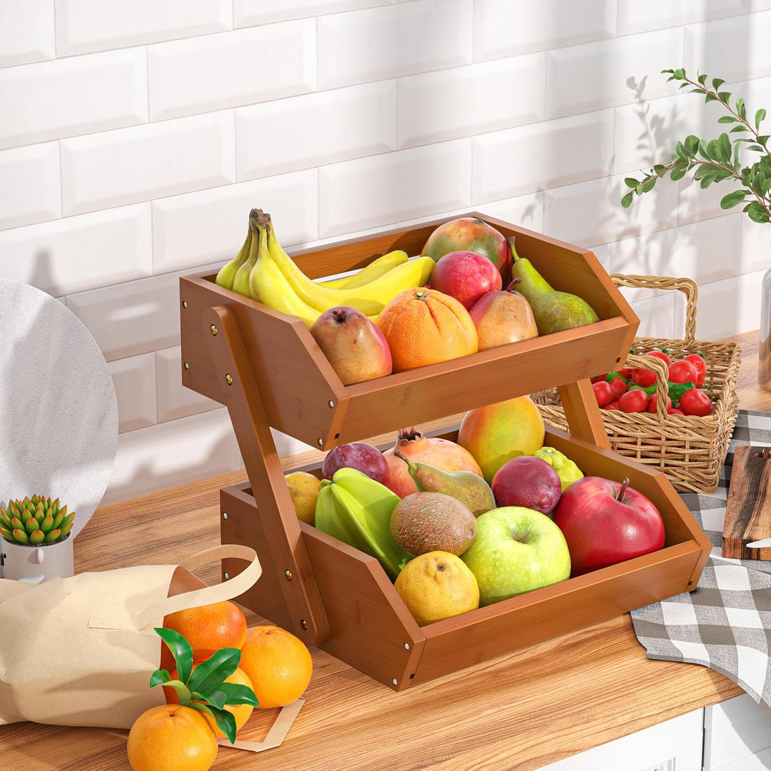 Obstkorb Bambus, 2-stufiger Obst und Gemüse Aufbewahrung Obstschale, Perfekt für Küchenarbeitsplatte