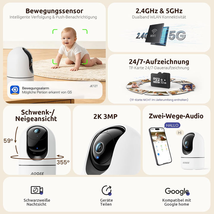 AOQEE 2K Überwachungskamera Innen - 2,4 &amp; 5 GHz Babyphone mit Kamera Überwachung Innen WLAN, Hundeka