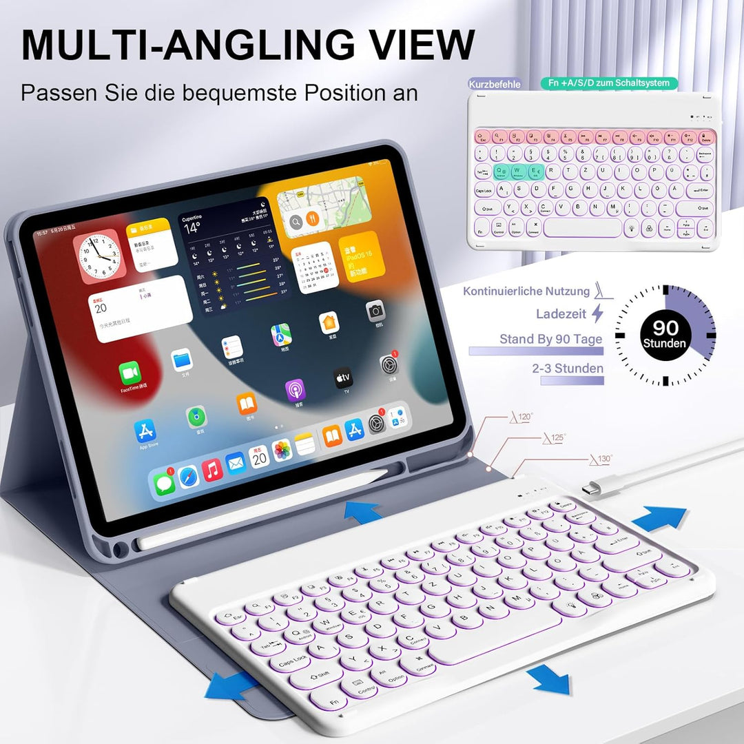 Hülle mit Tastatur für iPad 11 Generation A16/10 Generation (11/10.9 Zoll,2025/2022),7-farbige Beleu
