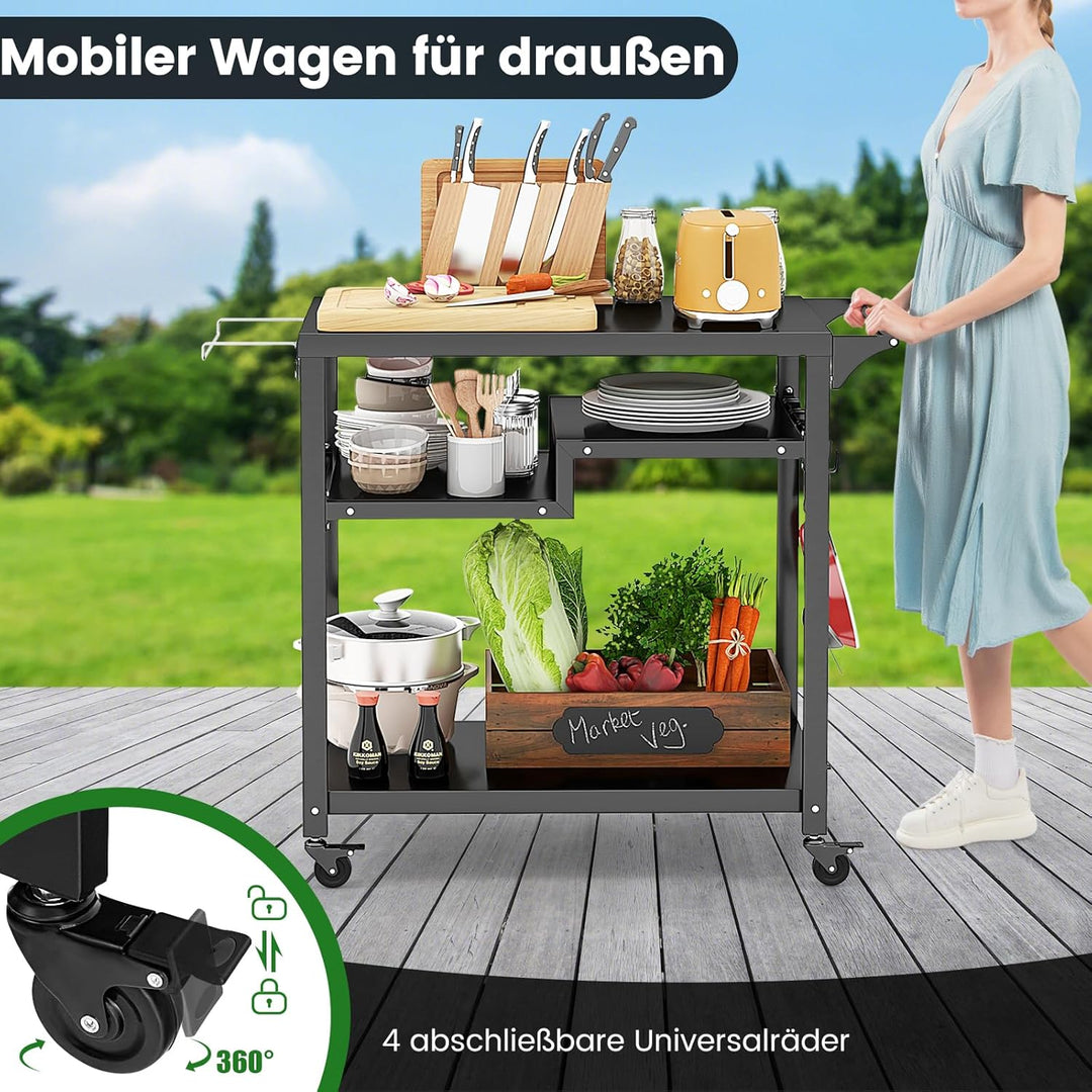 GYMAX Grillwagen, Grilltisch Rollwagen mit Rollen & offenen Ablagen, Pizzatisch mit Haken & Behälter