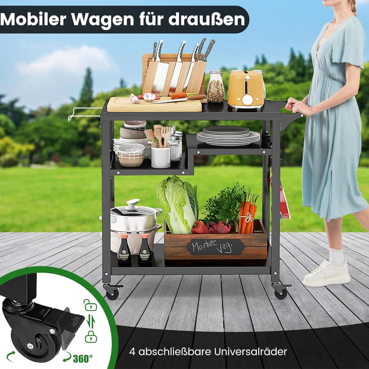 GYMAX Grillwagen, Grilltisch Rollwagen mit Rollen & offenen Ablagen, Pizzatisch mit Haken & Behälter