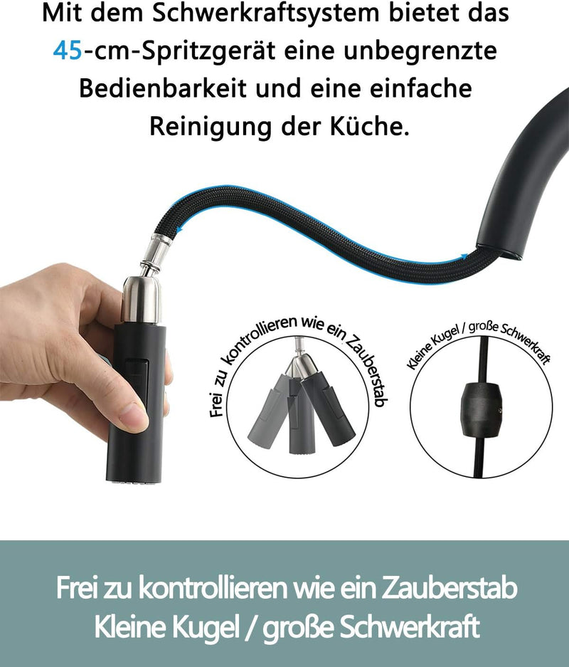 TIMACO Schwarz Küchenarmatur mit Ausziehbare Brause Wasserhahn Küche 360° Schwenkbar Mischbatterien