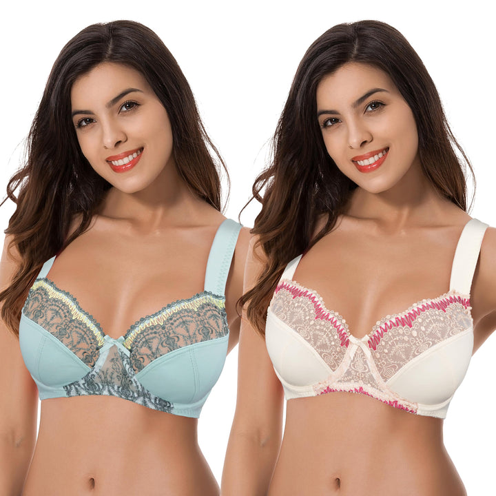 Curve Muse Damen Übergrösse Minimizer Bügel-BH mit Stickspitze - 2er Pack 75C Blauer Dunst, Hell-pin