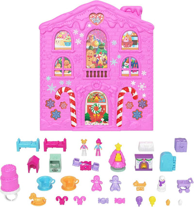POLLY POCKET Adventskalender-Haus - 25 Überraschungen, 2 Puppen, 27 Zubehörteile, Lebkuchenhaus-Desi
