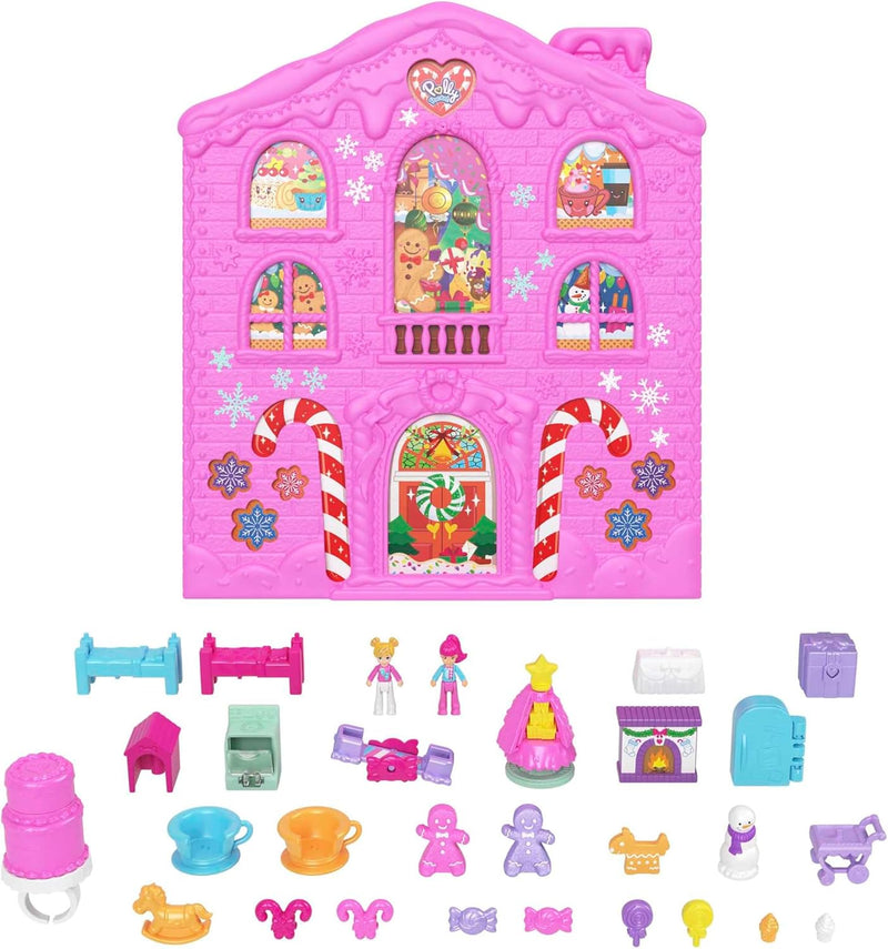POLLY POCKET Adventskalender-Haus - 25 Überraschungen, 2 Puppen, 27 Zubehörteile, Lebkuchenhaus-Desi