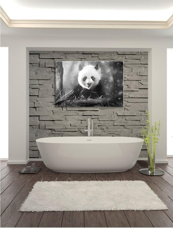 Pixxprint Niedlicher Panda isst Bambus Kunst / 100x70cm Leinwandbild bespannt auf Holzrahmen/Wandbil