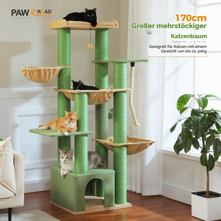 PAWZ Road Kratzbaum Grosse Katzen stabil mit Mehreren Ebenen, Hängematte,13 Sisalpfosten(φ11cm), Gro