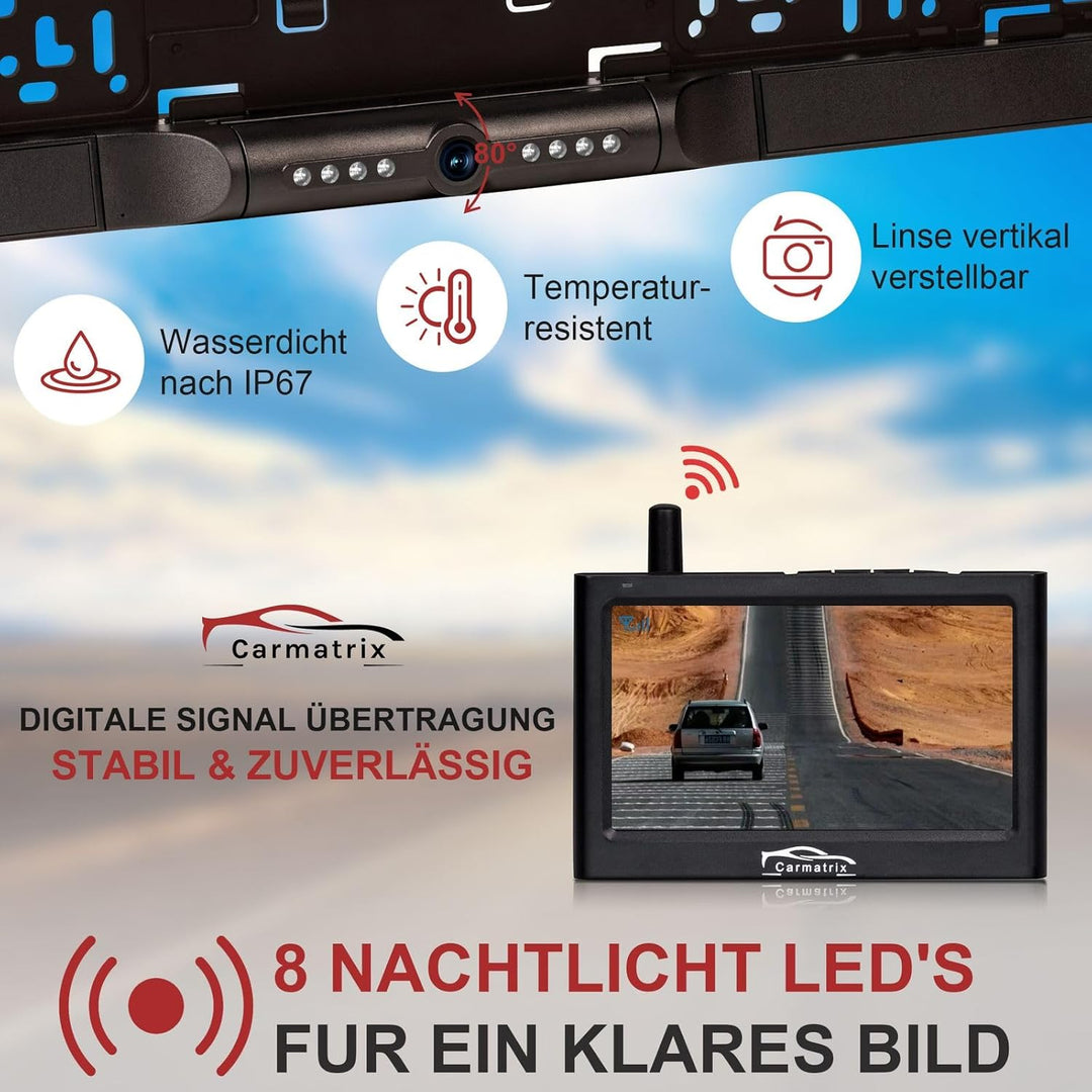 Funk Auto KFZ Rückfahrkamera kabellos Nummernschild 4,3" Monitor Rückfahrsystem mit IR Nachtsicht im