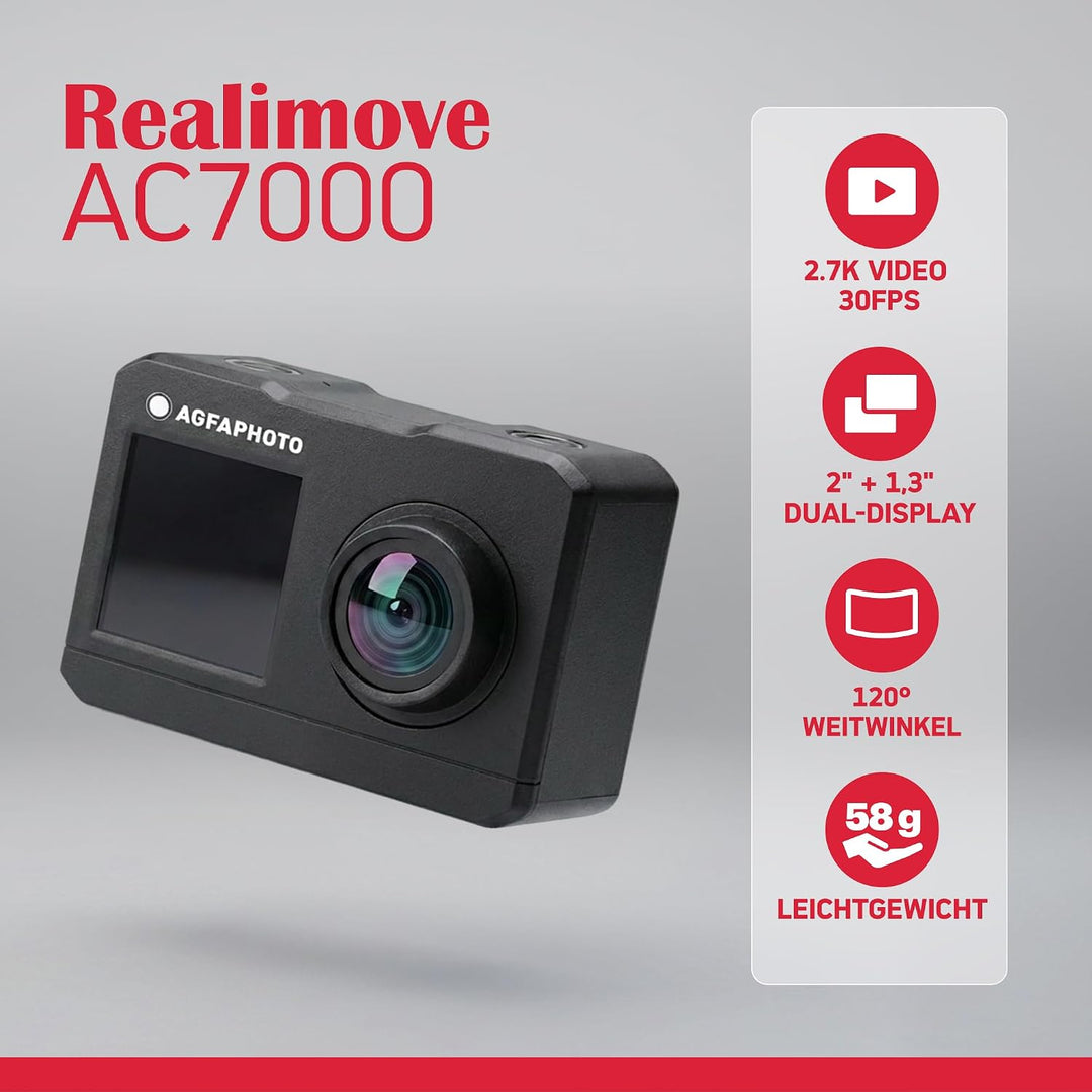 AgfaPhoto Photo Realimove AC7000 – Digital-Action-Kamera, wasserdicht 30 m (True 2,7 K, 16 MP, Dual-