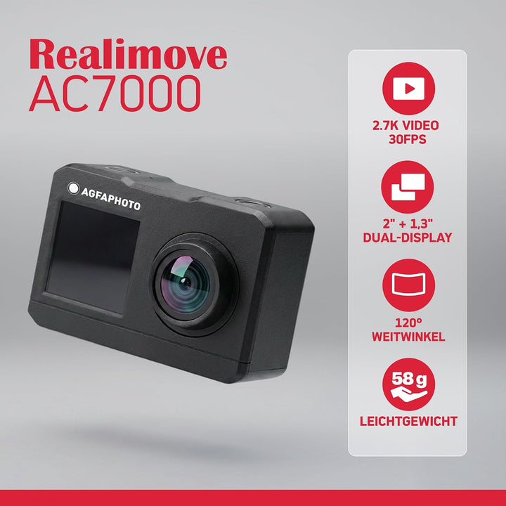 AgfaPhoto Photo Realimove AC7000 – Digital-Action-Kamera, wasserdicht 30 m (True 2,7 K, 16 MP, Dual-