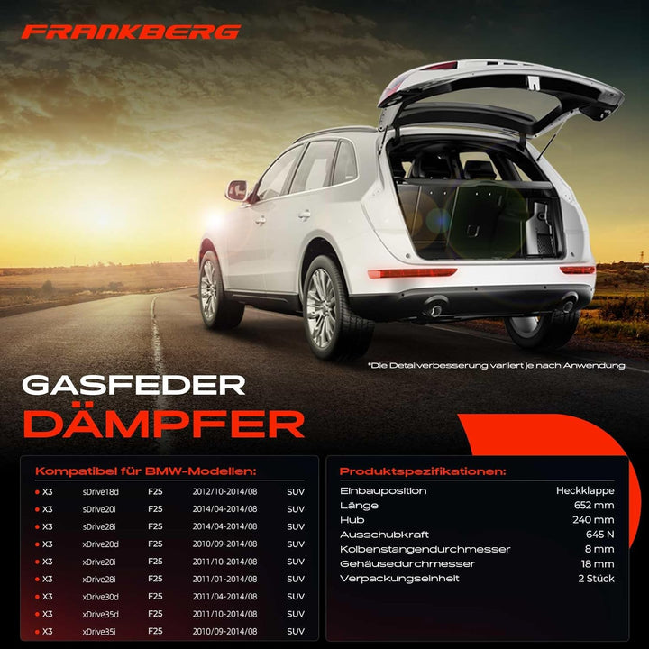 Frankberg 2x Gasfeder Dämpfer Heckklappe Kompatibel mit X3 F25 sDrive18 sDrive20 xDrive20 xDrive28 x