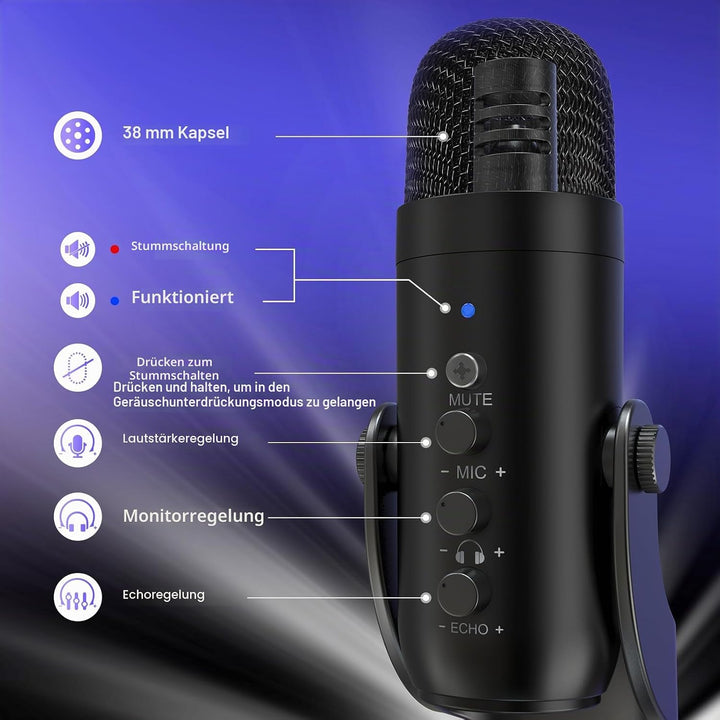 zealsound USB Mikrofon - Kondensatormikrofon für PC und Handy, mit Stummschaltung, Rauschunterdrücku