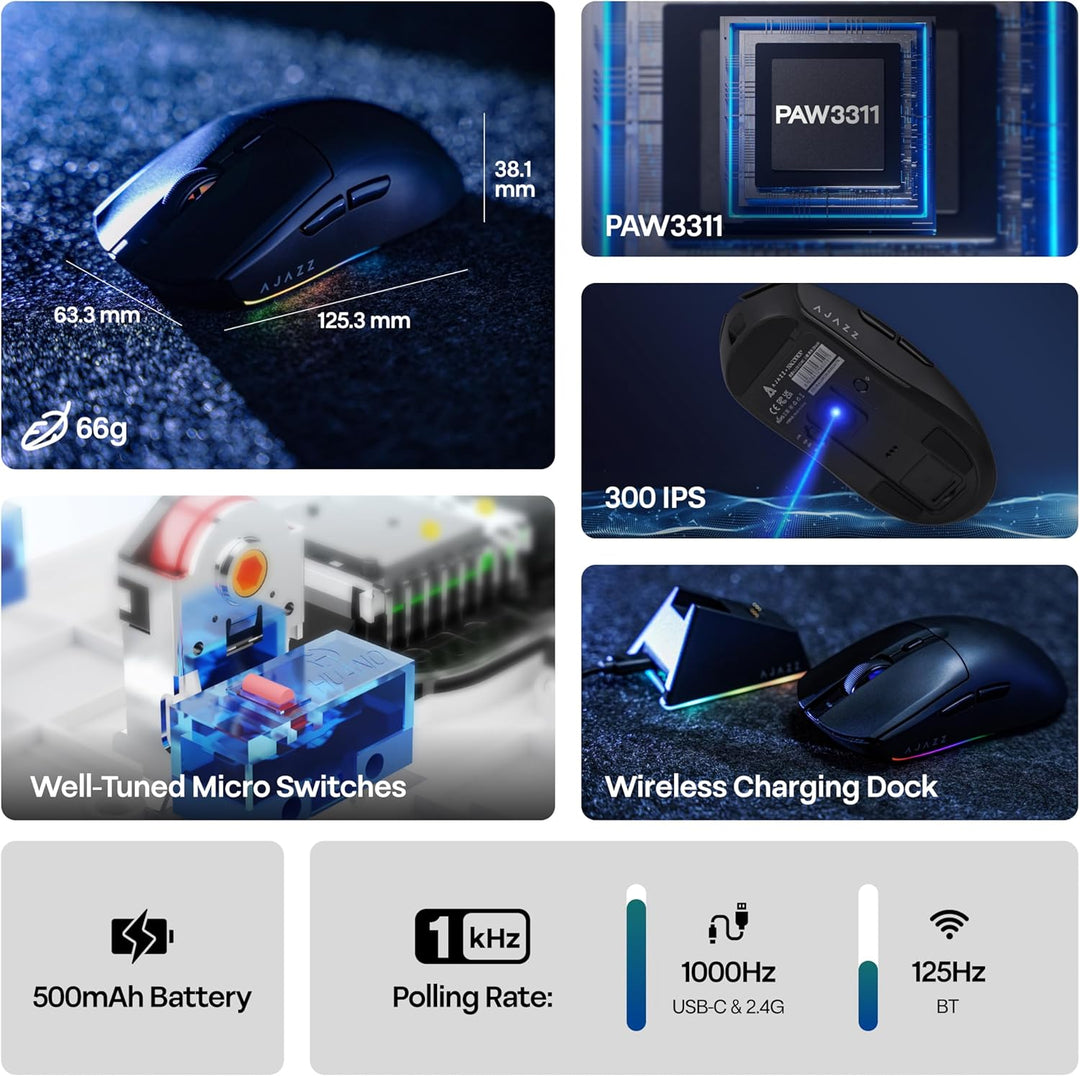 MechLands AJ139 V2 MC Gaming-Maus mit Ladestation, einstellbare 12000 DPI, PAW3311-Sensor, 3 Modi, k