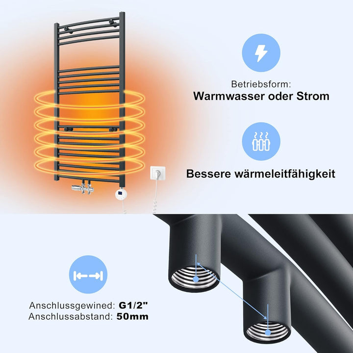 SONNI Badheizkörper Elektrisch mit Thermostat 700x500 mm Anthrazit Gebogen Handtuchtrockner Mittelan