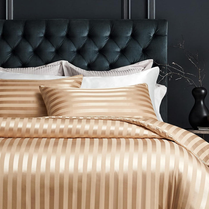 Damier Bettwäsche 200x200 Beige Satin Seidig Bettwäsche Set 3 teilig Luxus Glanzsatin gestreift Bett