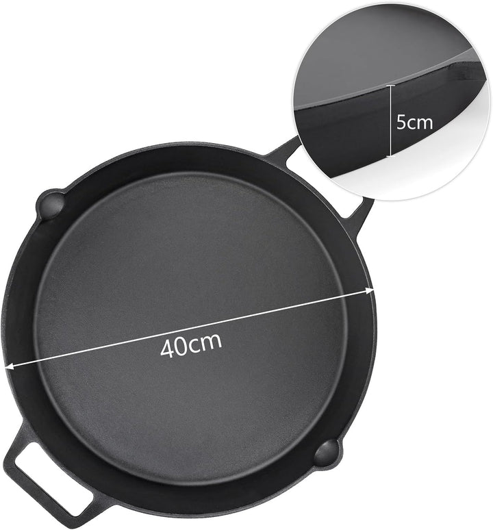 GFTIME Universal Gusseisen Grillpfanne Ø 40cm, gross rund Gusspfanne mit Zwei Griffe und Zwei Ausgie