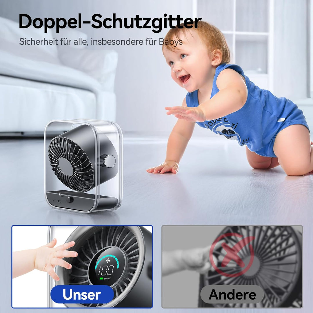 KIMMOO USB-Tischventilator Wiederaufladbar, Leiser Tischventilator mit Turbo-Luftstrom, 100 Geschwin