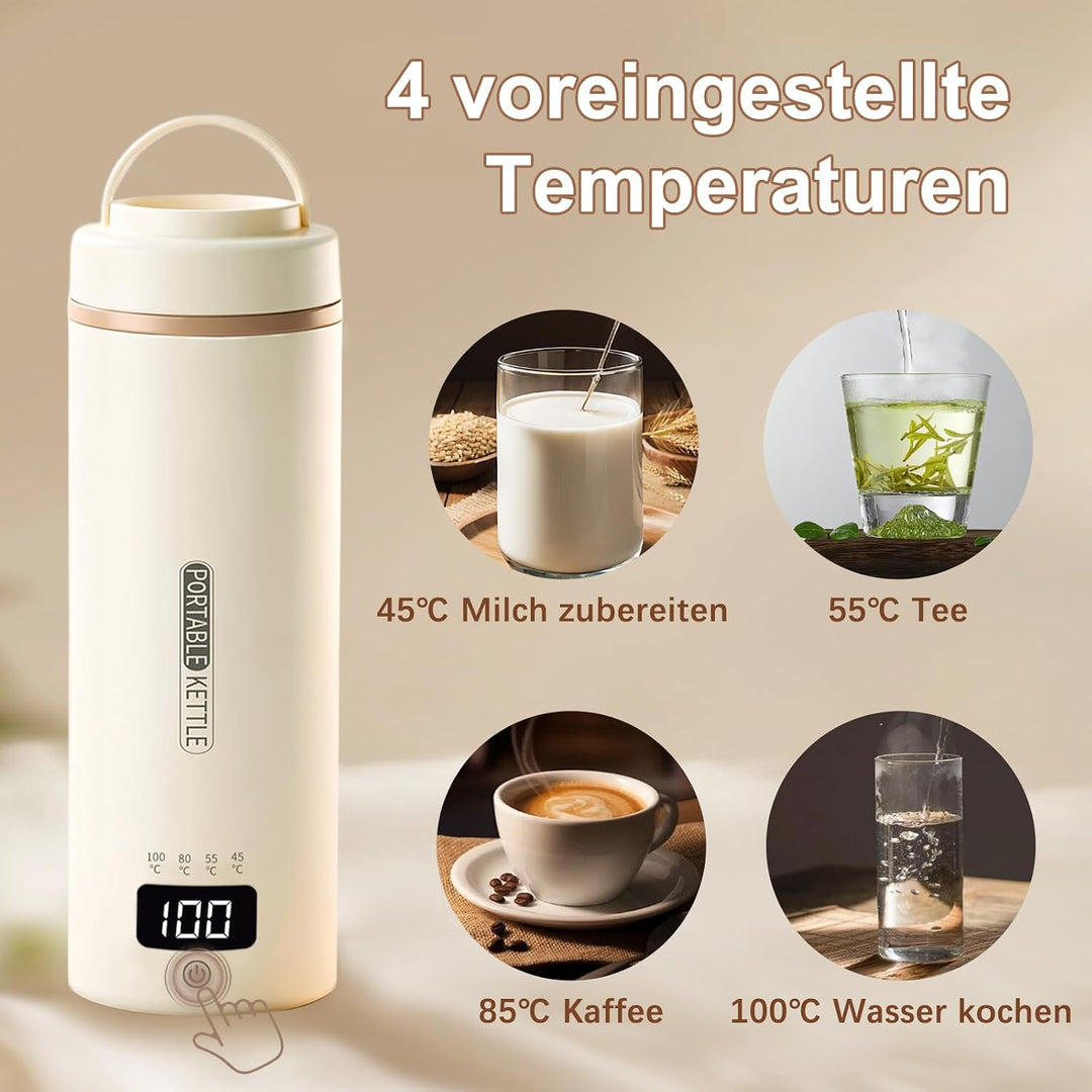 Tragbarer Reisewasserkocher 450 ml 4 Temperatureinstellungen Mini-Wasserkocher zum Anschliessen Edel