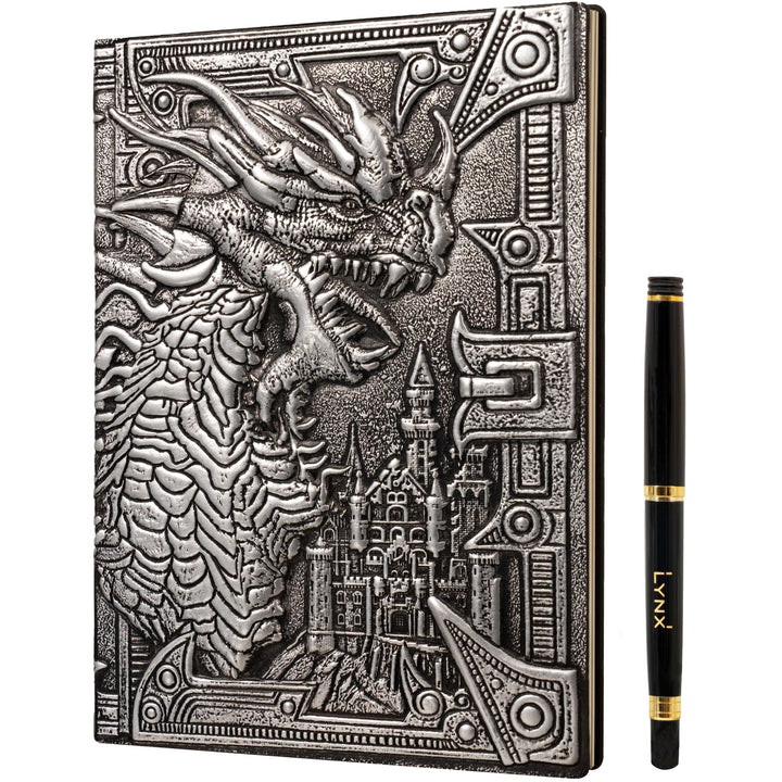 D&D Notizbuch – RPG Journal/Notebook mit 3D Silberner Drache Motiv im Kunstledereinband mit Stift. N