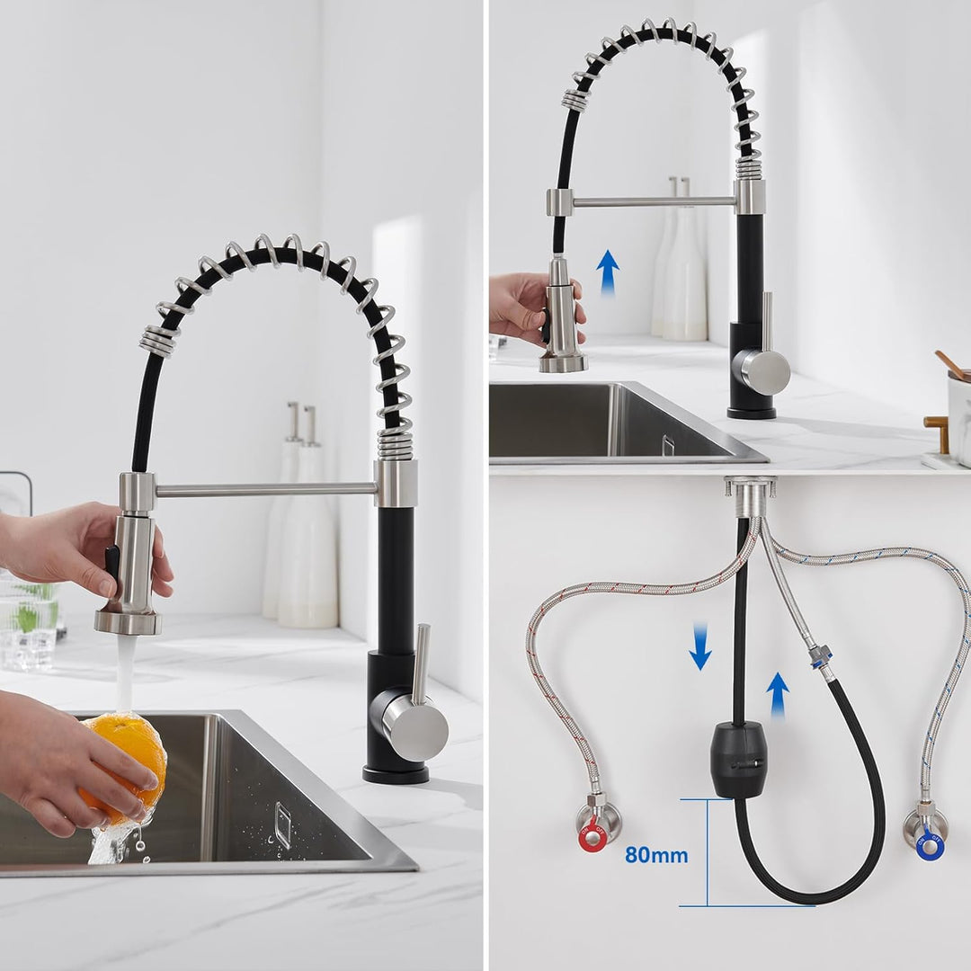 Auralum Wasserhahn Küche Schwarz, Küchenarmatur mit Brause Ausziehbar, Mischbatterie küche mit 2 Str