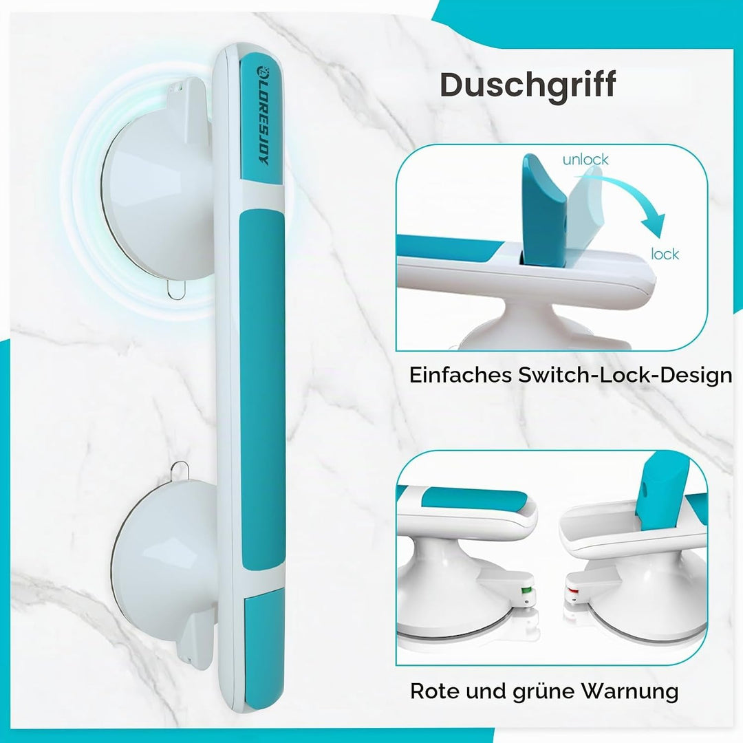 Duschgriff mit Saugnapf, 30cm Haltegriff Dusche Ohne Bohren | Haltegriffe für Senioren, Duschgriff f
