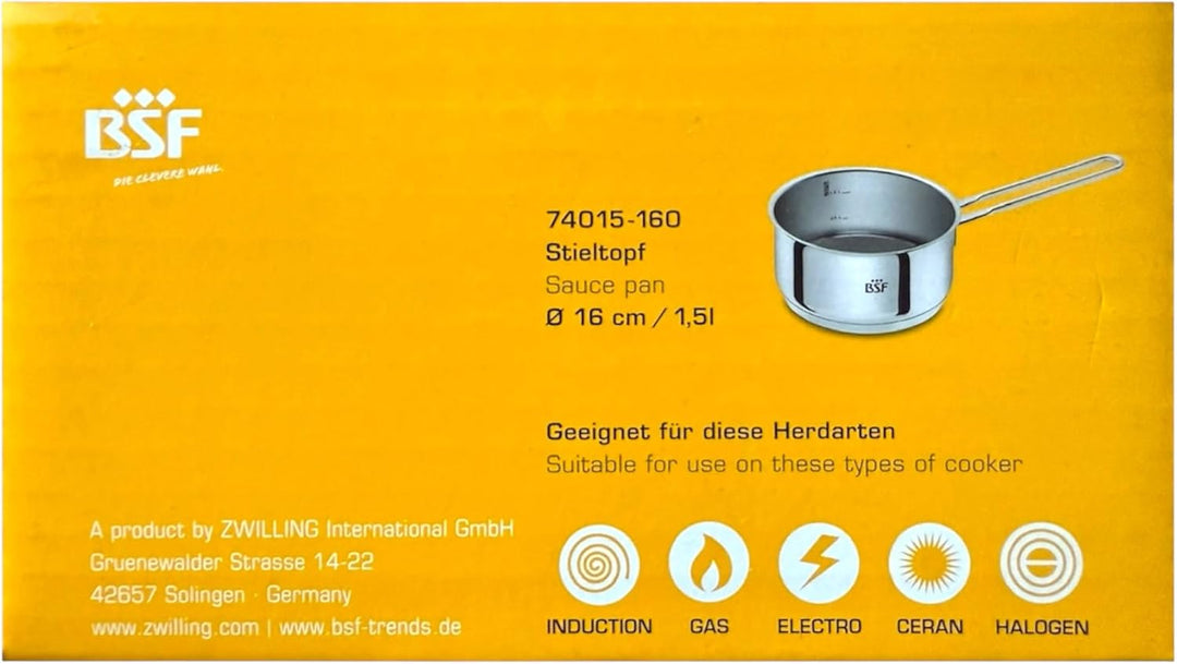 Zwilling BSF Stieltopf Bordeaux 16 cm 1,5 L – Edelstahl Kochtopf silber mit Innenskalierung (0,5 l /