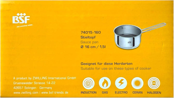 Zwilling BSF Stieltopf Bordeaux 16 cm 1,5 L – Edelstahl Kochtopf silber mit Innenskalierung (0,5 l /