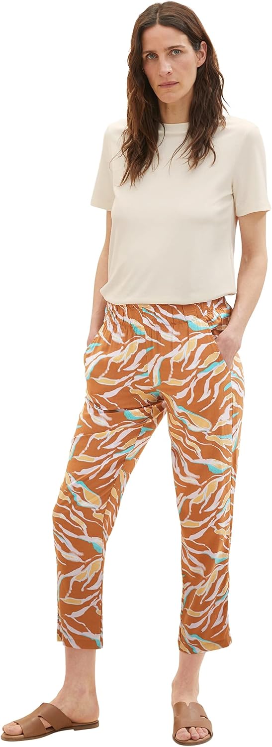 TOM TAILOR Damen Loose Fit Stoffhose 1036632 38W / 28L 31758 - Brown Abstract Leaf Design, 38W / 28L