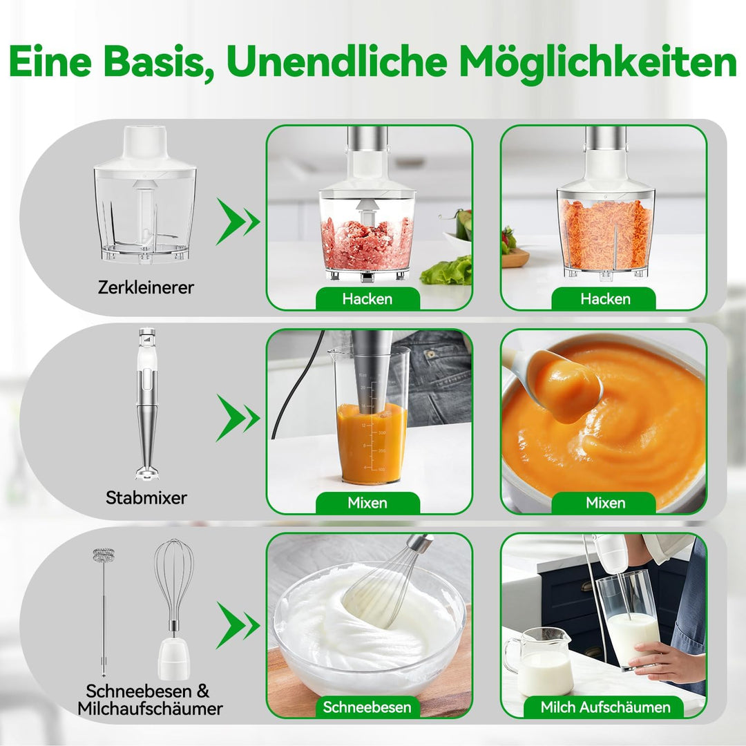 Stabmixer Set 5 in 1, 1100W Pürierstab Elektrisch, Stufenlose Geschwindigkeit, Edelstahl Hand Blende