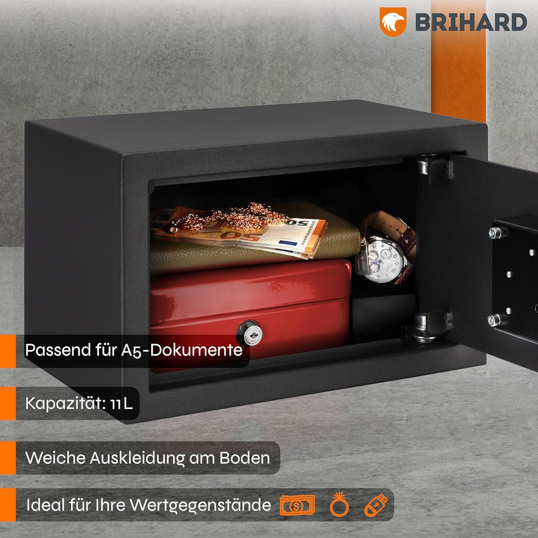 Brihard Home Tresor Safe mit Doppelbartschloss - 20x31x20cm Sicherheits-Safe 11 L - Titangraue kratz
