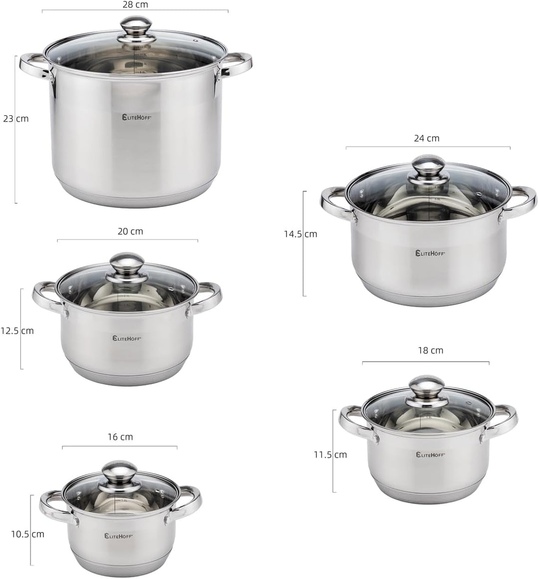 EliteHoff 10-teilig Induktion Kochtopf-Set, 7-lagig Edelstahl Kochtopf, 5er Set Töpfe mit Deckeln, f