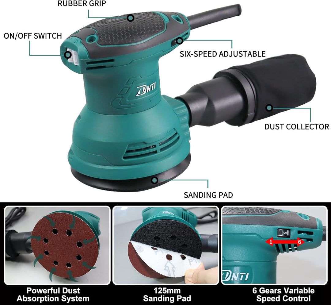 DNTI Exzenterschleifer 350W, 125mm Schleifmaschine 5,000-13,000 U/min mit 6-stufige Drehzahlregelung