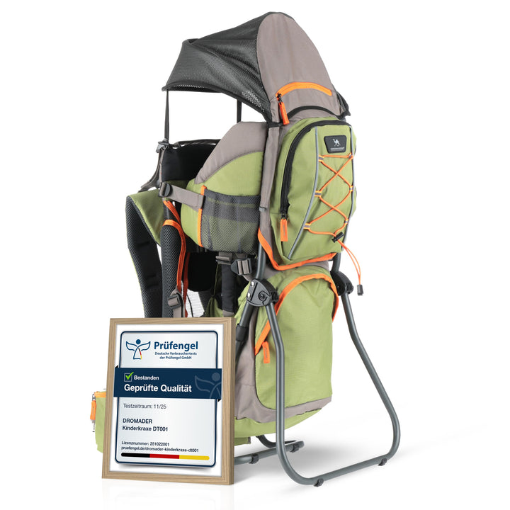 Dromader Kraxe Kindertrage bis 22kg – Kindertrage Wandern mit Sonnendach, Regenschutz, Thermotasche,