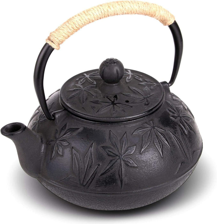Webao Teekanne Gusseisen, 800ml Asiatische Teekanne Teekessel mit Edelstahl Sieb, Schwarz Ahornblätt