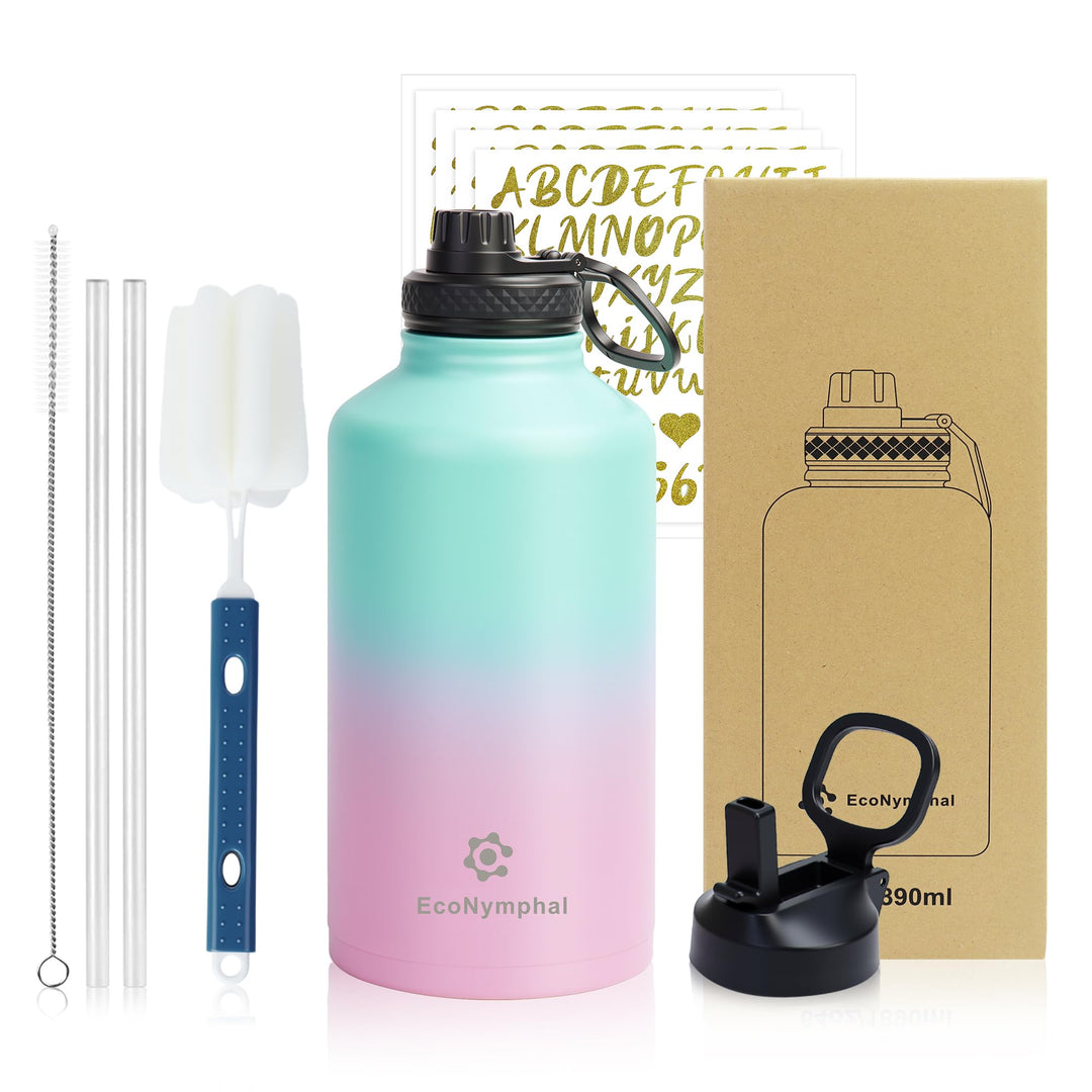 Edelstahl trinkflasche 1.9L - Isolierflasche mit Strohhalm &amp; 2 Deckeln - 100% Auslaufsicher - Reinig