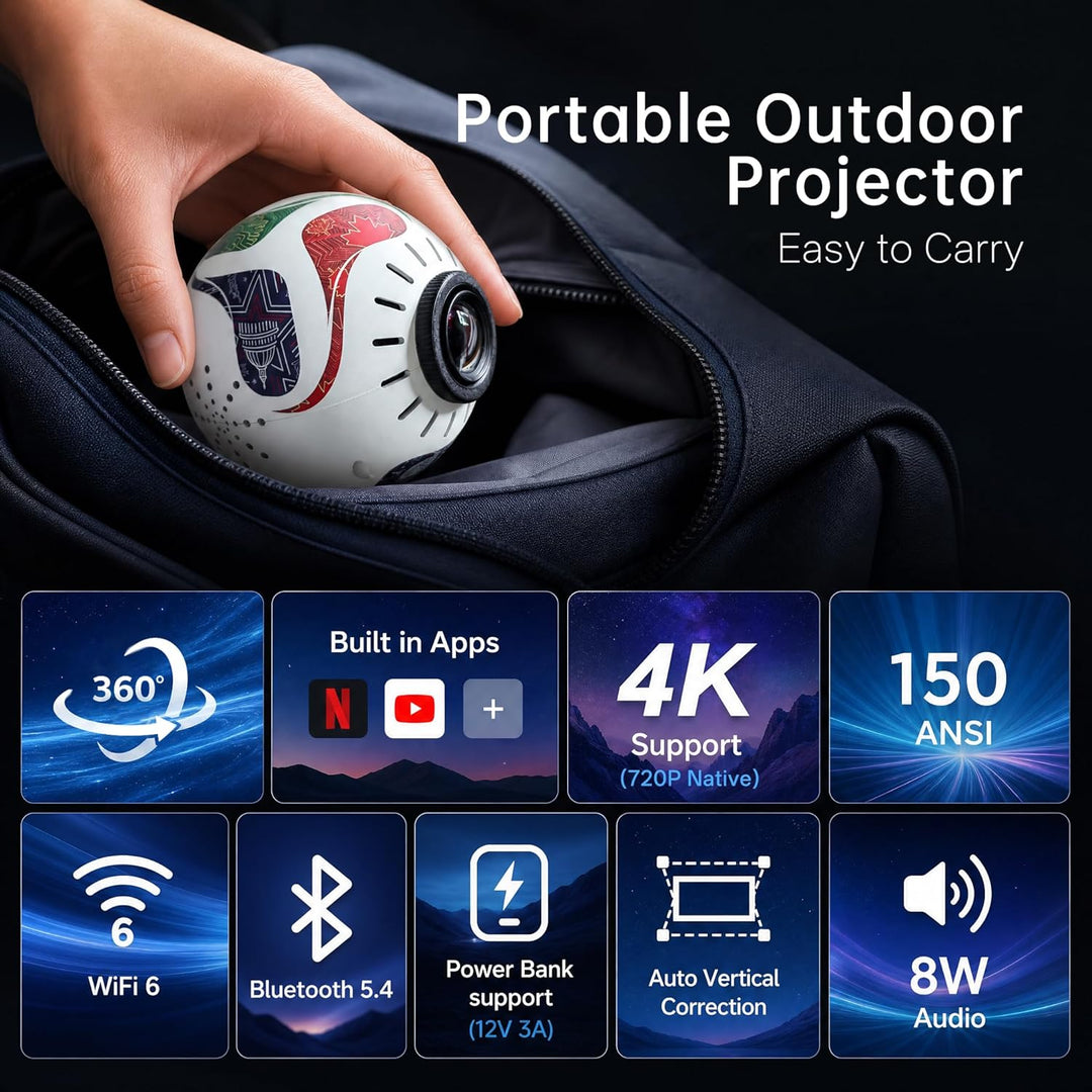 Mini Beamer 4K 1080P Unterstützt, Outdoor Tragbarer Projektor Unterstützt Power Bank，Aussen Smart Pr