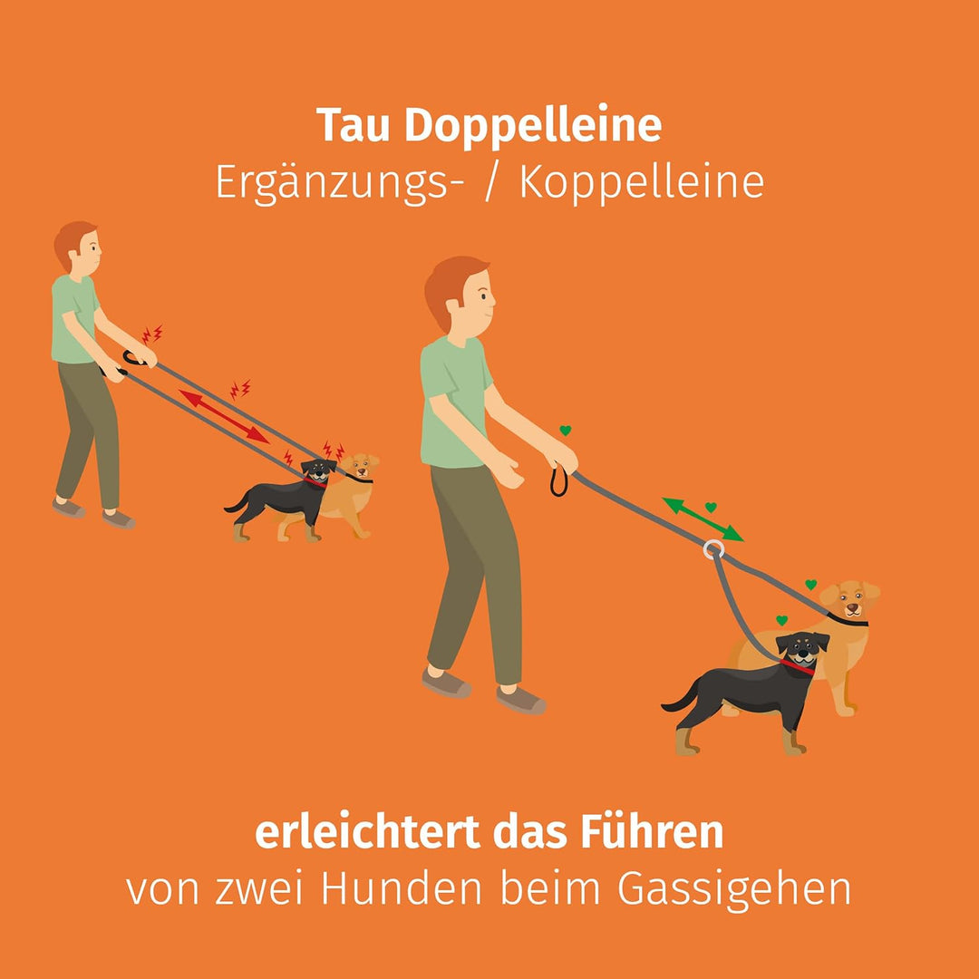 Floxik Tau Doppelleine für 2 Hunde grau/orange - reflektierend, dehnbar und verhedderungsfrei – Dopp
