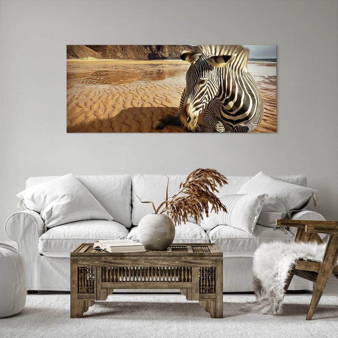Wandbilder Dekoration Wohnzimmer Zebra Strand Landschaft Panorama Bilder auf Leinwand 120x50cm Leinw