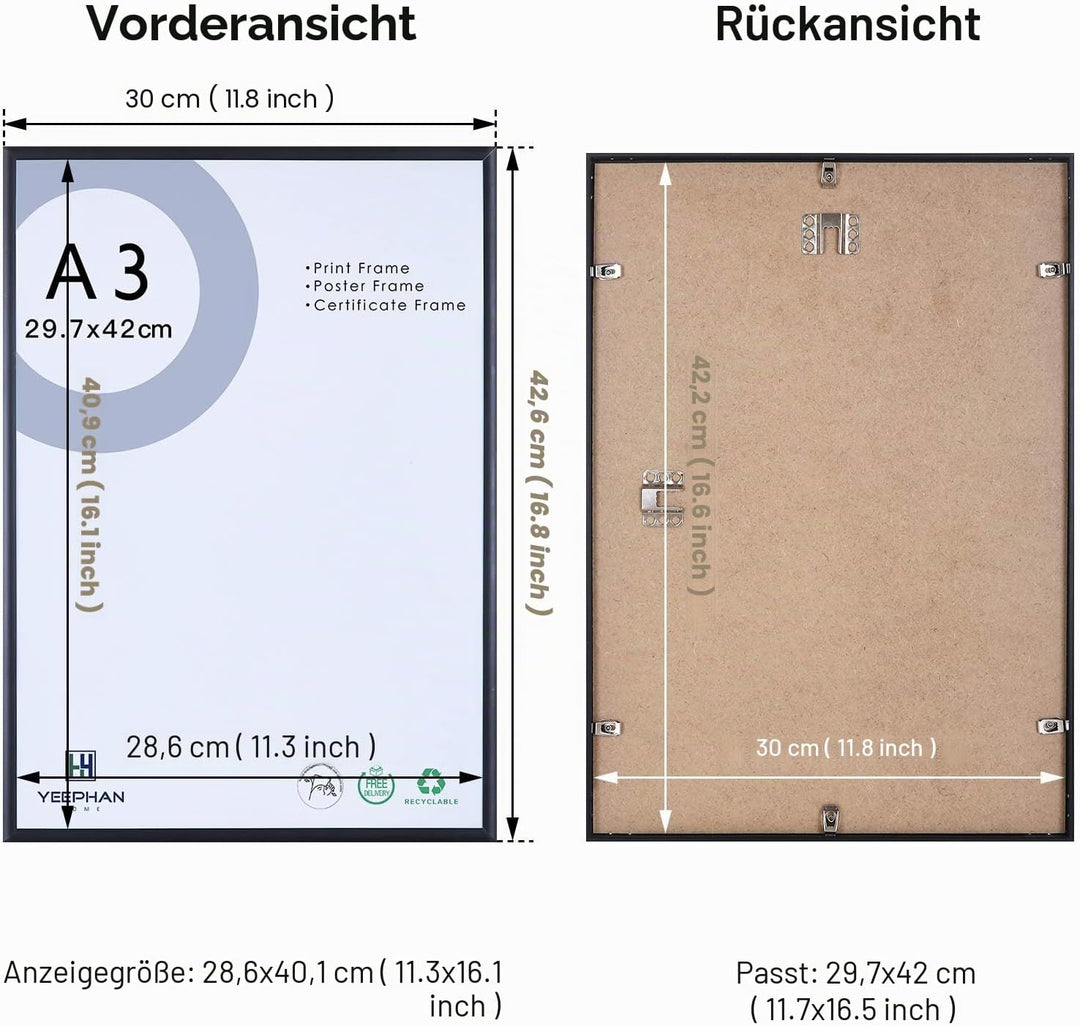 YEEPHAN A3 Aluminium-Fotorahmen mit Plastic glass front, Wandhalterung für Bild oder Zertifikat 29,7