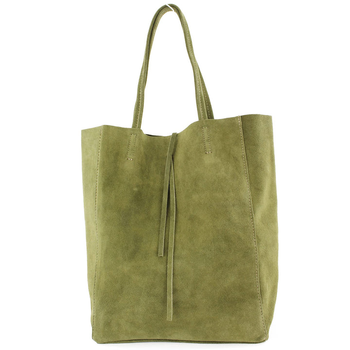 modamoda de - T163 - Ital. Shopper Large mit Innentasche aus Leder Olivgrün Wildleder, Olivgrün Wild