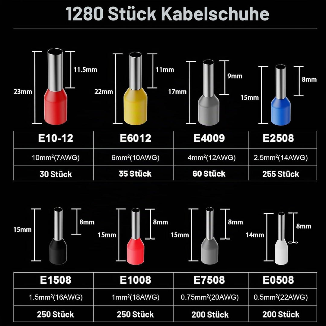 Preciva Crimpzange Set Aderendhülsen Set für 0,25-10 mm² mit 1280 Stück Aderendhülsen, Crimpzangen,