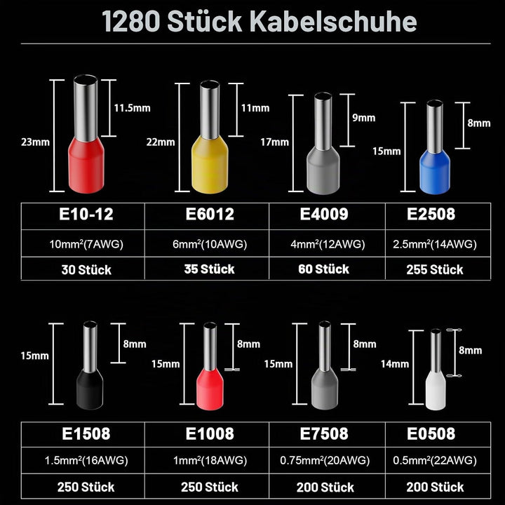 Preciva Crimpzange Set Aderendhülsen Set für 0,25-10 mm² mit 1280 Stück Aderendhülsen, Crimpzangen,