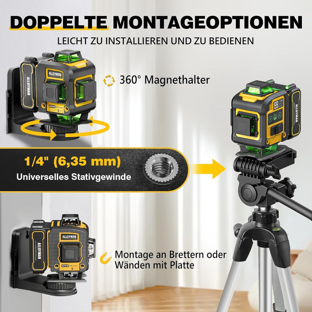 Alloyman Kreuzlinienlaser mit Stativ, 4×360°Laser Wasserwaage, 4D Selbstnivellierend Grün Linienlase