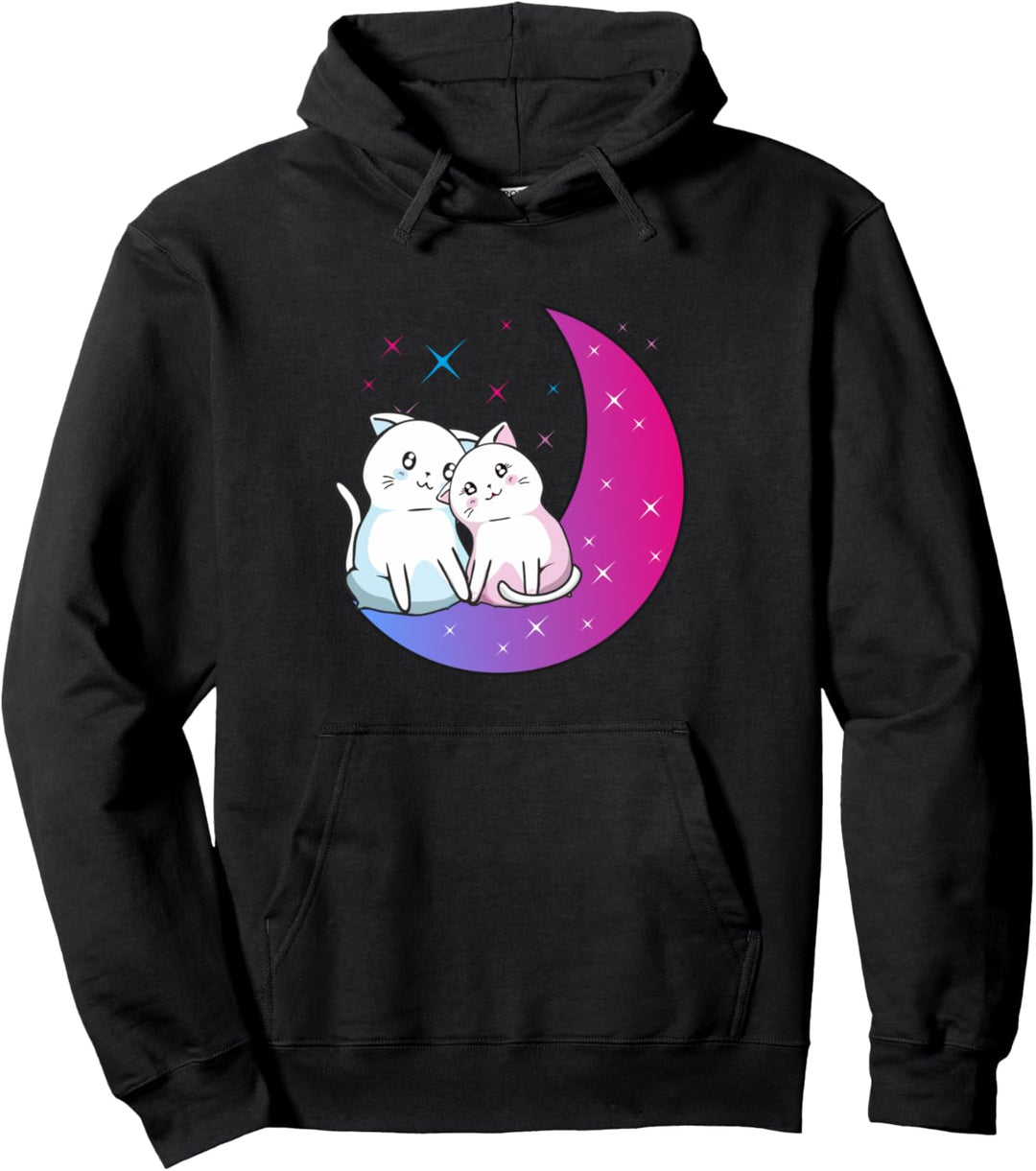 Kawaii Anime Cats Couple on Purple Moon In Love Otaku Cute Pullover Hoodie