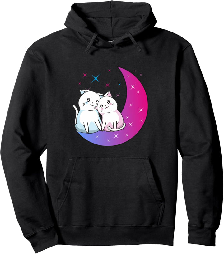 Kawaii Anime Cats Couple on Purple Moon In Love Otaku Cute Pullover Hoodie