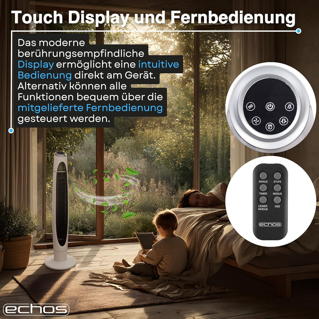 Echos Turmventilator | 3 Stufen | 3 Modi | 60 Watt | 8 Timer | Luftkühler | Fernbedienung | LED-Leuc